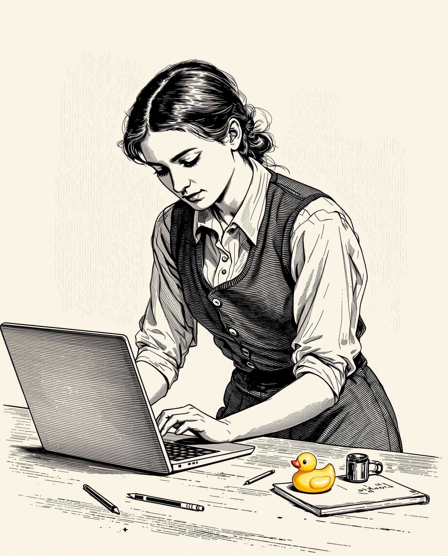 A young founder seated at a desk, hands on a modern laptop, with a single rubber duck beside it — an etched illustration in the style of a Penguin Classics frontispiece.